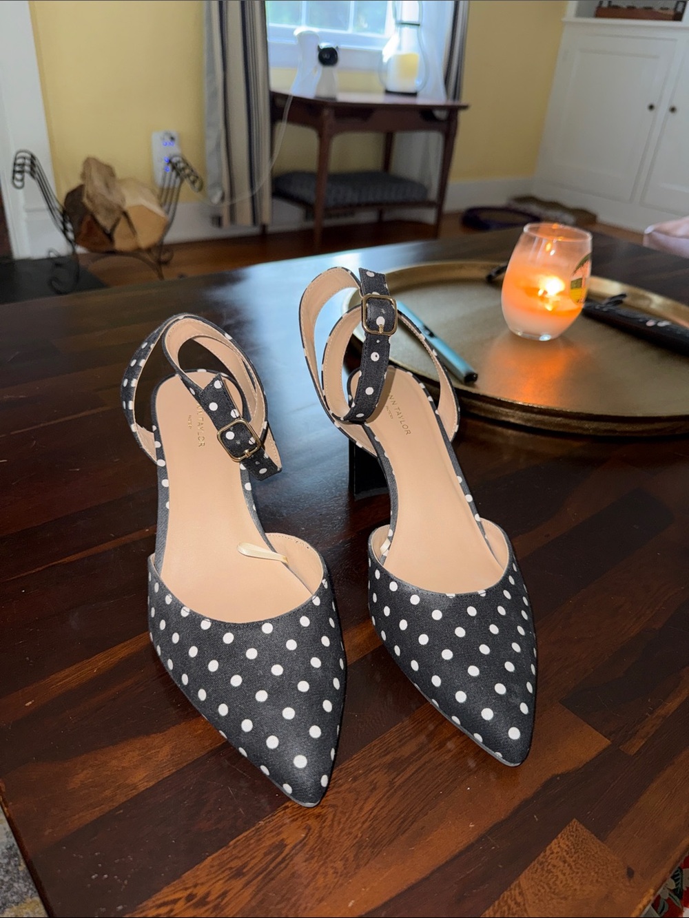 Ann Taylor Black and White Polka Dot Ankle-Strap Pointed Heels